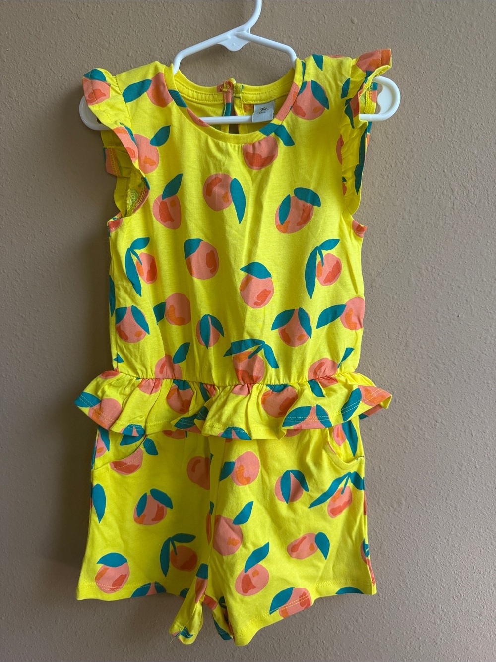 Girls Yellow Peach-Print Romper with Ruffle Waist